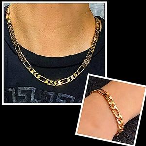 18K GOLD PLATED CUBAN FIGARO CHAIN LINK UNISEX NECKLACE BRACELET SET